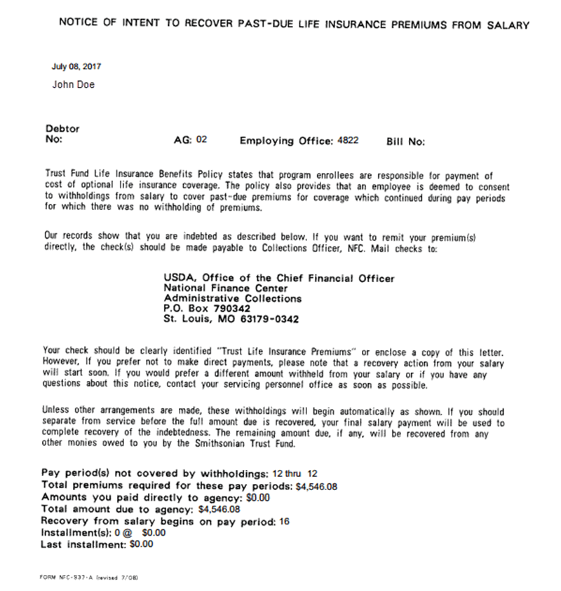 Notice of Intent To Recover Past-Due Life Insurance Premiums from Salary (page 1)