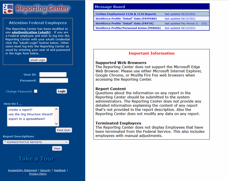 Reporting Center Login Page